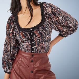 Free People Dare Me Tie Back Velvet Paisley Puff Sleeve Blouse Medium